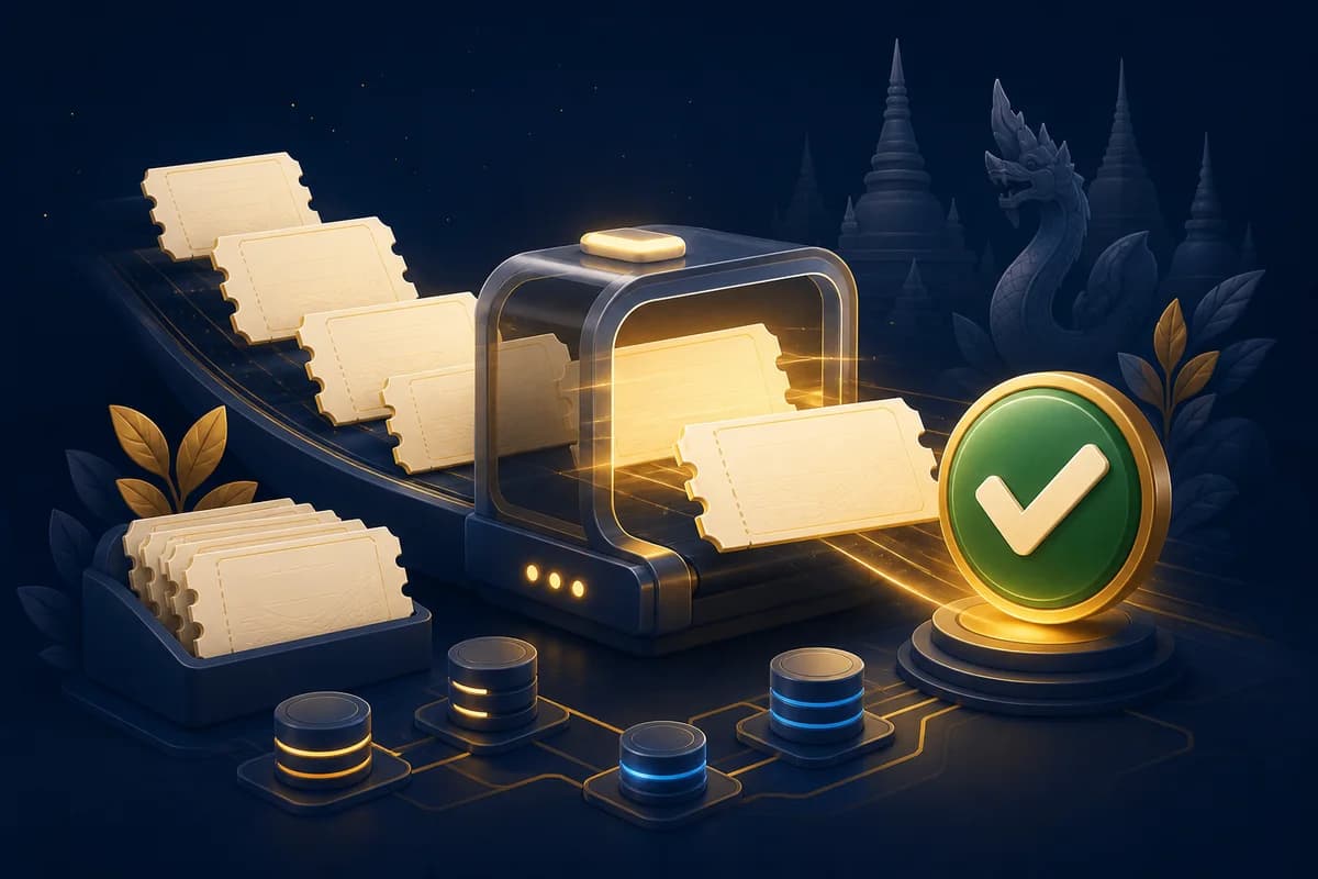 ภาพประกอบสลากหลายใบกำลังผ่านระบบตรวจสอบพร้อมเครื่องหมายถูก